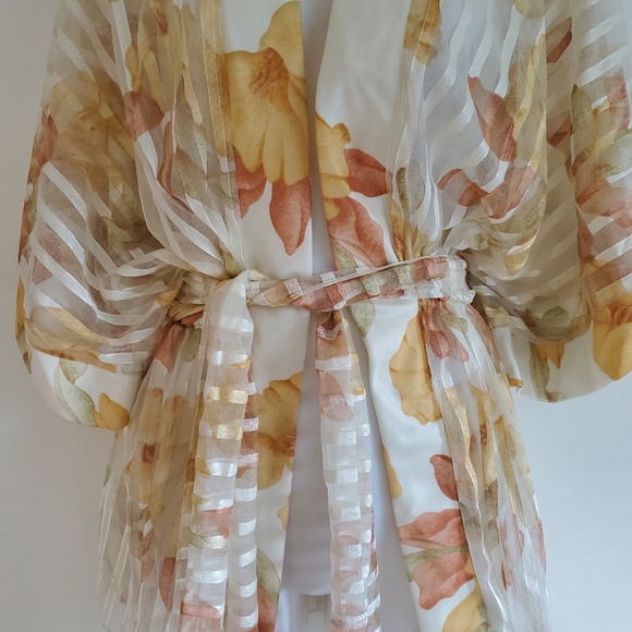 VINTAGE | Sheer Floral Robe Kimono Pastel Belted Night Gown (Size S) - Picture 5 of 13